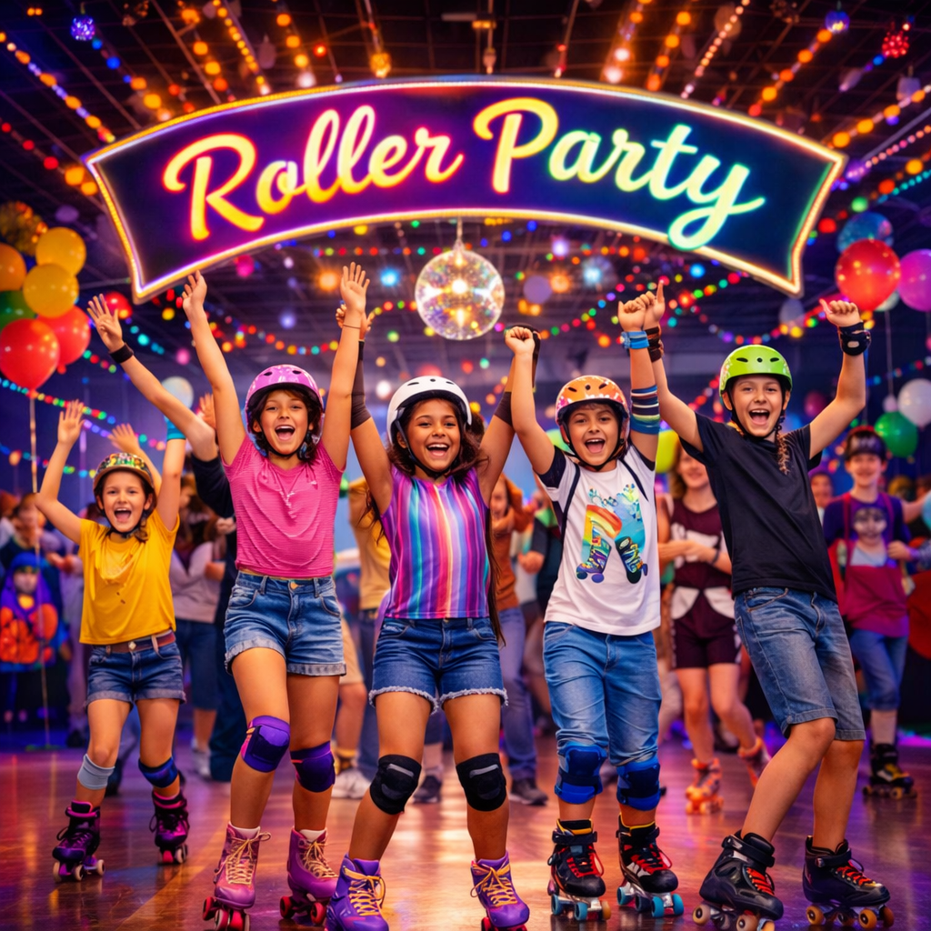 Kids celebrating at a roller skating birthday party