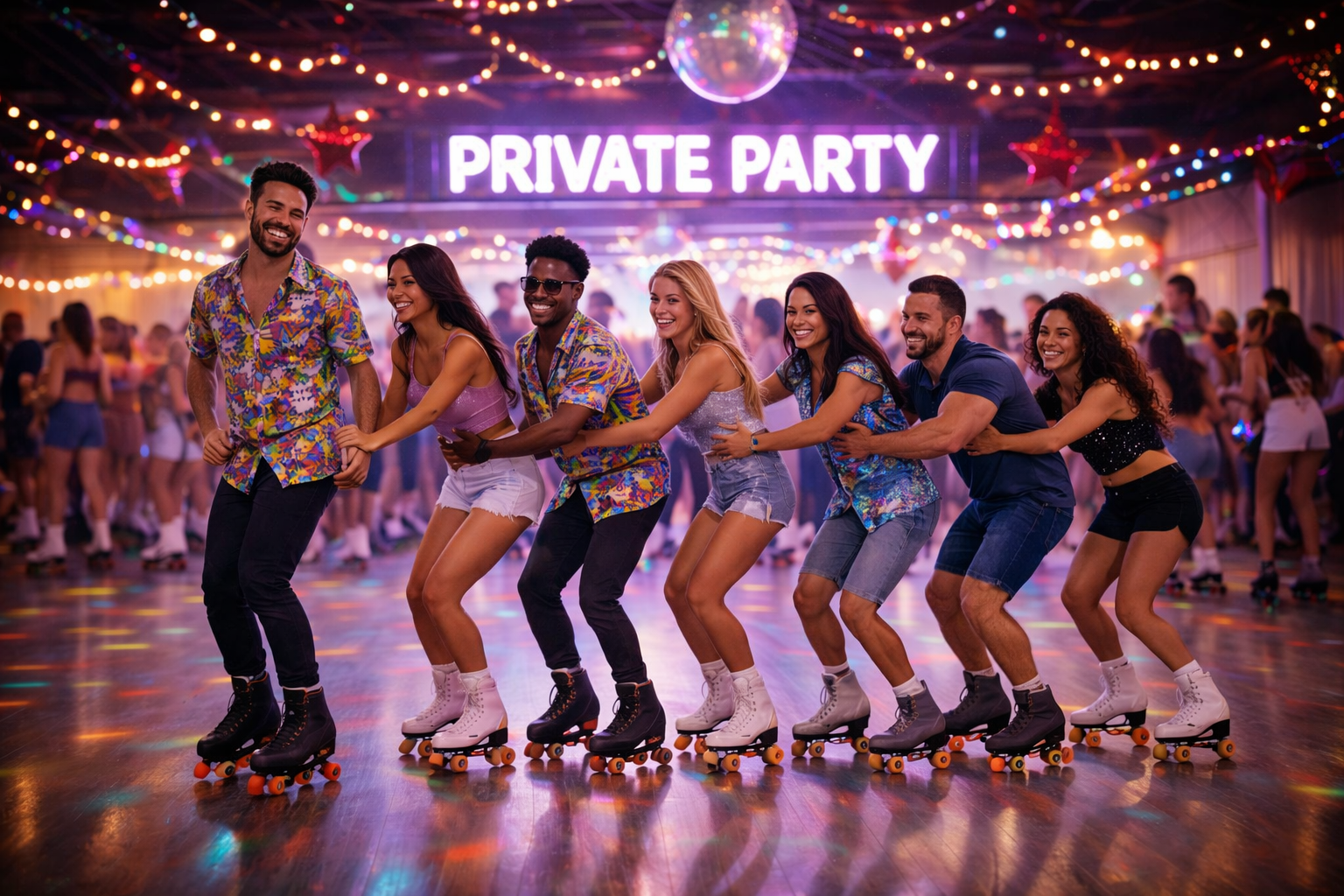 Group of friends skating together at a private rink party